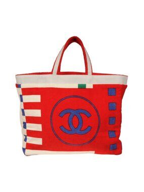Chanel 19c CC Terry Tote Bag Red Blue Beige Cotton Leather Trim Travel Beach Bag